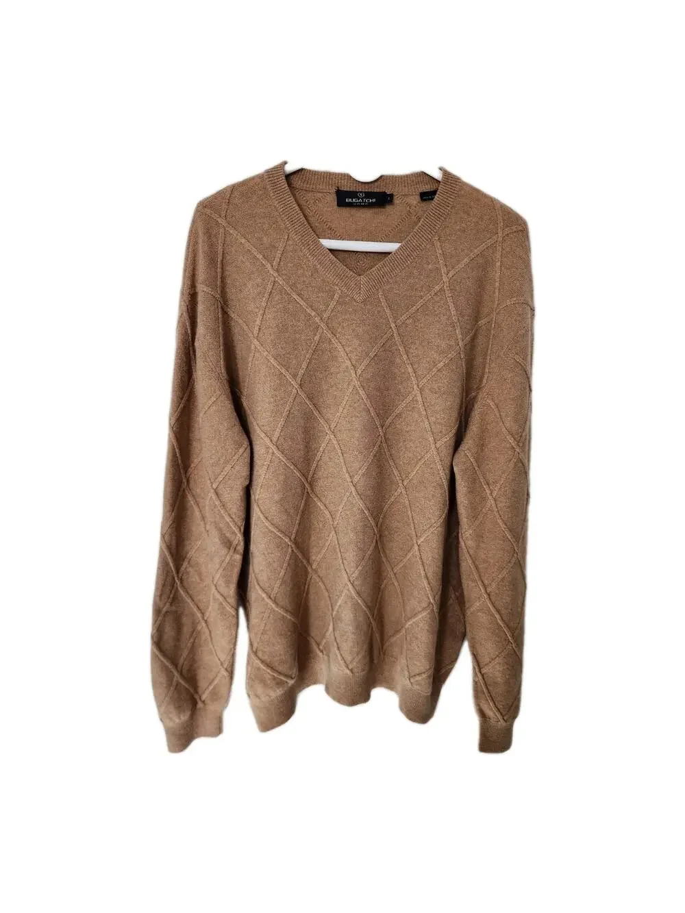 Bugatchi Diamond Stitch Cashmere Knit Tan V-neck Sweater Men's Size Large